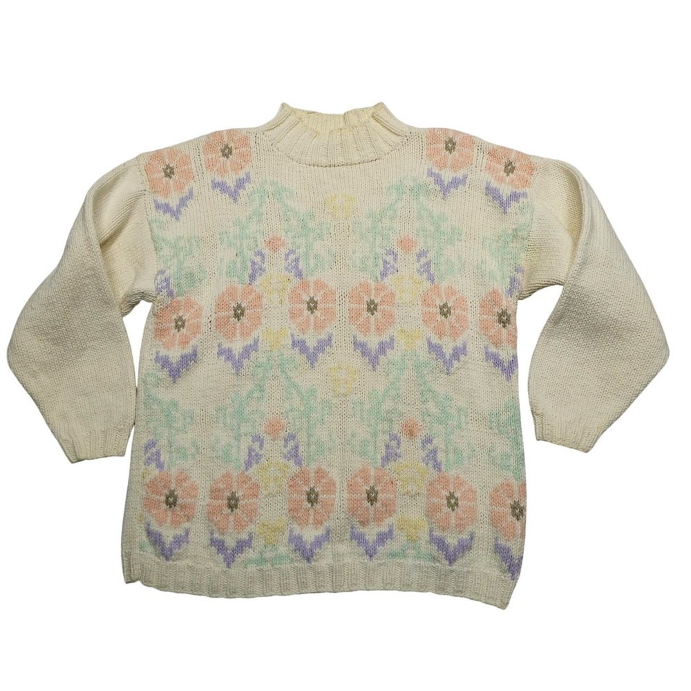 Vintage Gap Sweater Womens Large White Floral Mock Neck Knit Hong Kong 90s